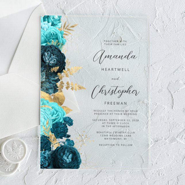 Invitations En Acrylique Mariage Floral Script Or Aqua Sarcelle (Créateur téléchargé)