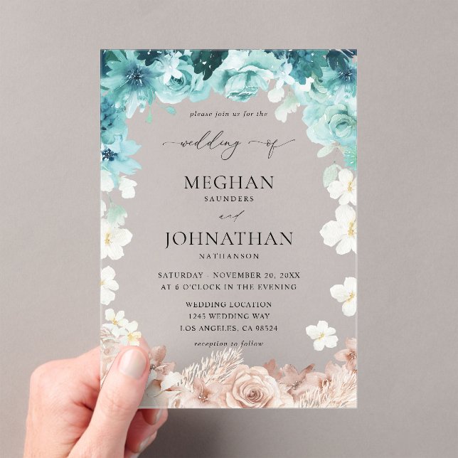 Invitations En Acrylique Mariage floral turquoise et rose pâle (In situ (ordinateur de poche))