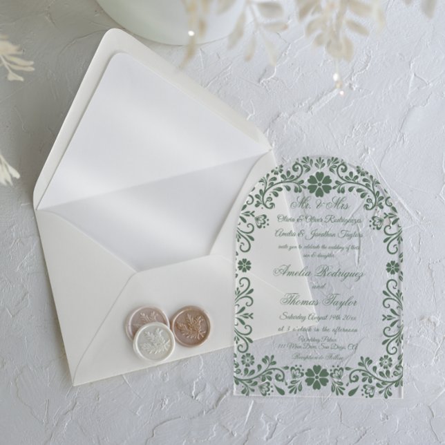 Invitations En Acrylique Mariage floral vert formel  (Créateur téléchargé)