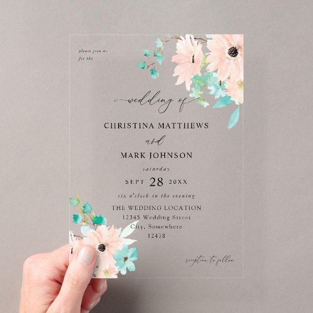 Invitations En Acrylique Mariage Floral Vert Menthe et Rose (In situ (ordinateur de poche))