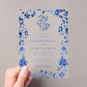 Invitations En Acrylique Mariage Floral Vintage Chinoiserie Bleu Profond