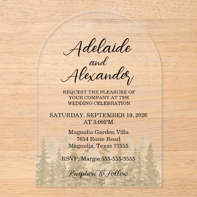 Invitations En Acrylique Mariage forestier de bois vert (Recto)