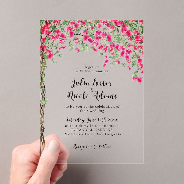 Invitations En Acrylique Mariage forestier tropical des Bougainvilliers ros (In situ (ordinateur de poche))