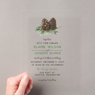 Invitations En Acrylique Mariage forêt hivernale aquarelle rustique cône de
