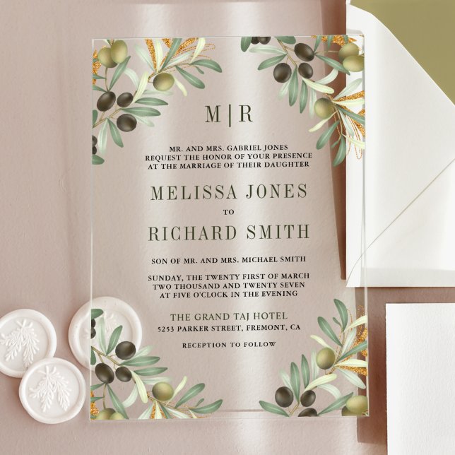 Invitations En Acrylique Mariage Formel aux Feuilles d'Olivier (Créateur téléchargé)