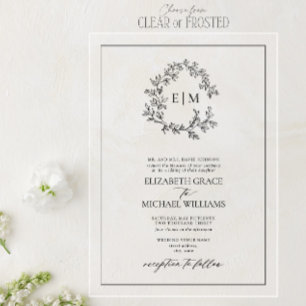 Invitations En Acrylique Mariage Formel Blanc Noir Feuillage Monogramme