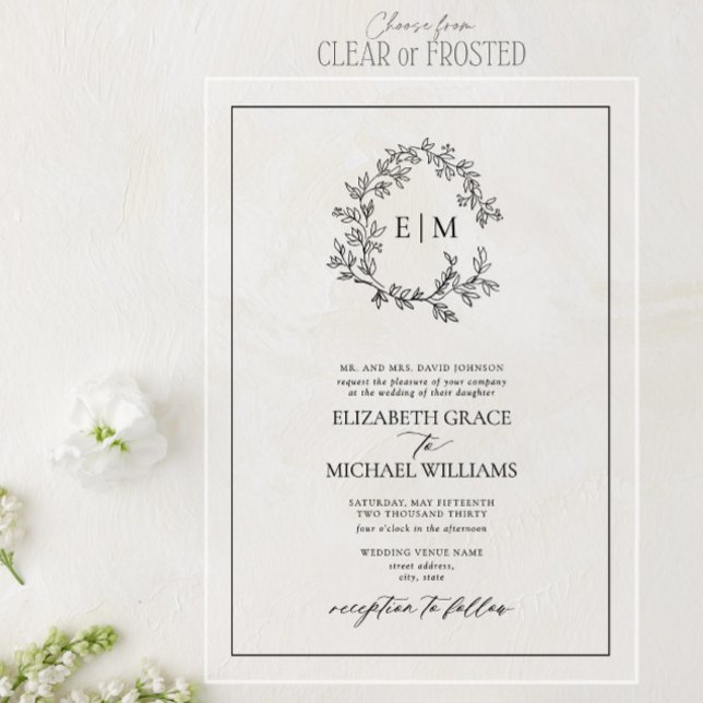 Invitations En Acrylique Mariage Formel Blanc Noir Feuillage Monogramme (Créateur téléchargé)