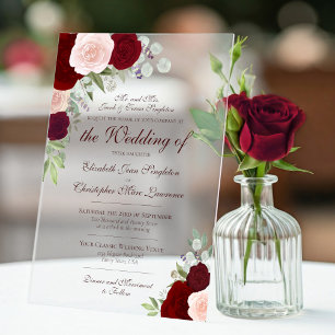 Invitations En Acrylique Mariage Formel de Roses Bourguignonnes Élégantes e