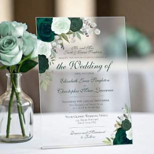 Invitations En Acrylique Mariage Formel Élégant avec Roses Émeraude et Vert