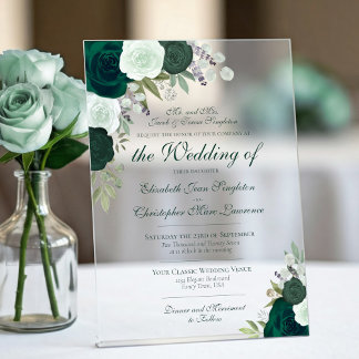Invitations En Acrylique Mariage Formel Élégant avec Roses Émeraude et Vert