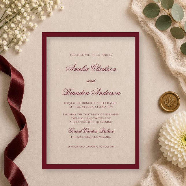 Invitations En Acrylique Mariage Formel Élégant Profond Bordure Script Bour (Créateur téléchargé)