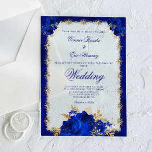 Invitations En Acrylique Mariage Formel Élégant Roses Florales Bleu Royal