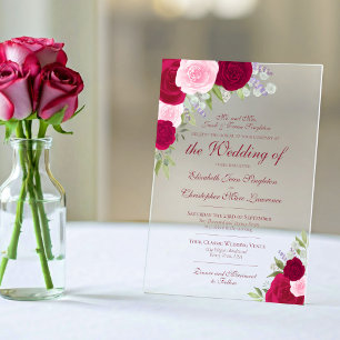 Invitations En Acrylique Mariage Formel Élégant Roses Magenta et Rose