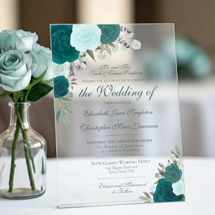 Invitations En Acrylique Mariage Formel Élégant Roses Sarcelle Turquoise &