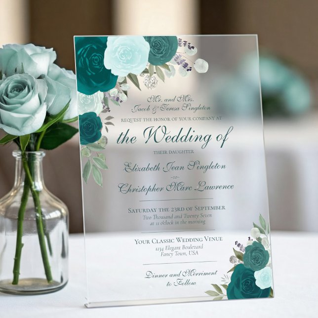 Invitations En Acrylique Mariage Formel Élégant Roses Sarcelle Turquoise &  (Frosted Acrylic with Rectangle Cut)