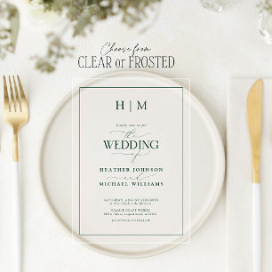 Invitations En Acrylique Mariage Formel Émeraude Vert Monogramme Calligraph