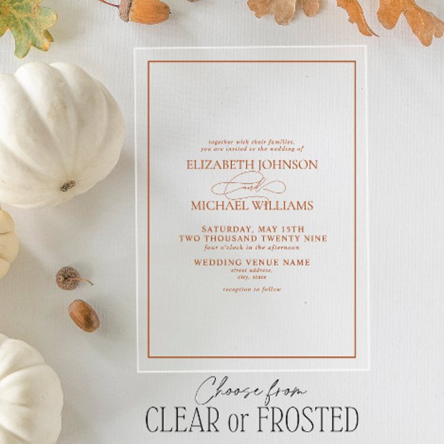 Invitations En Acrylique Mariage Formel en Orange Brûlé Script Classique (Créateur téléchargé)
