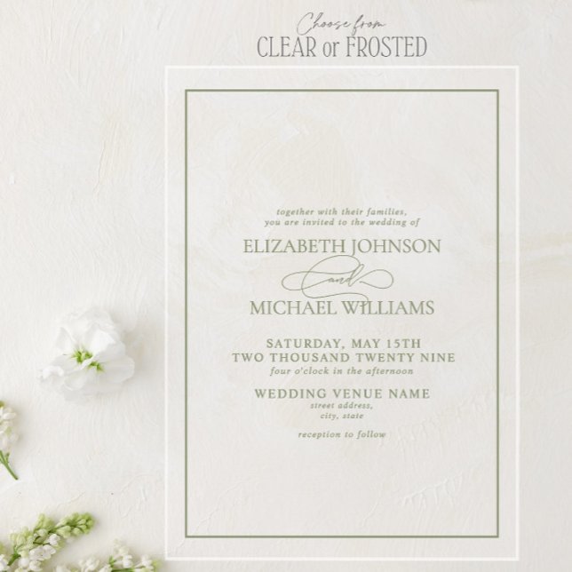Invitations En Acrylique Mariage Formel Vert Sauge Écriture Classique (Créateur téléchargé)