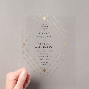 Invitations En Acrylique Mariage Gatsby Déco Géométrique Blanc Diamant Or
