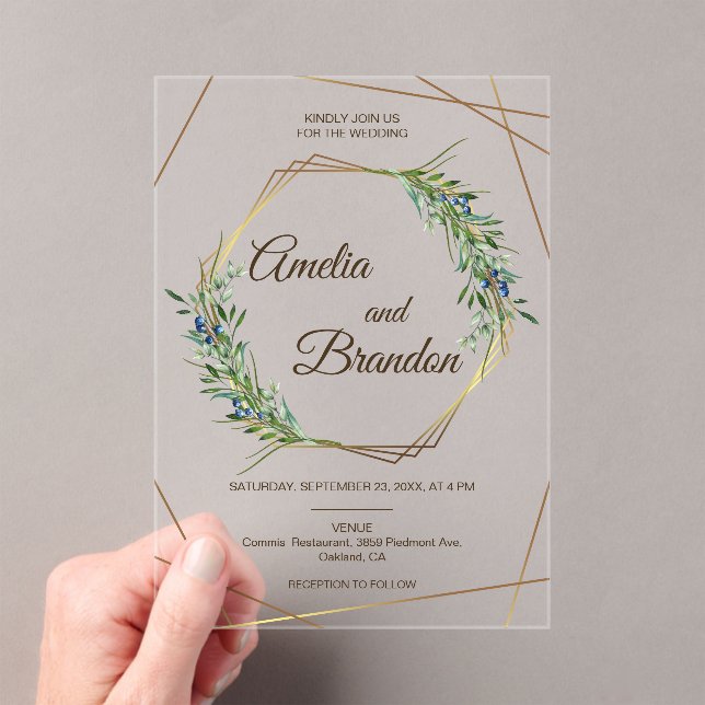 Invitations En Acrylique Mariage géométrique doré aux baies de verdure de l (In situ (ordinateur de poche))