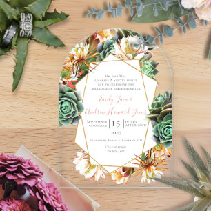 Invitations En Acrylique Mariage géométrique doré de cactus de désert succu