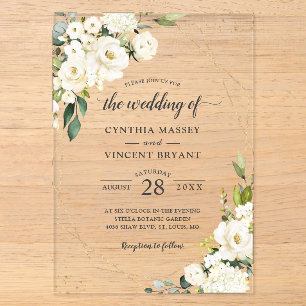 Invitations En Acrylique Mariage Géométrique Doré Floral Blanc de Verdure