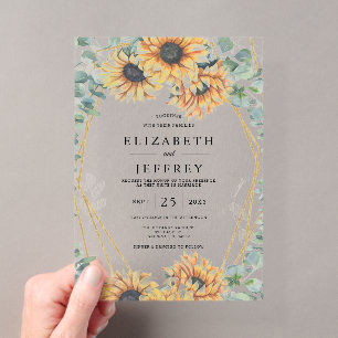 Invitations En Acrylique Mariage Géométrique Élégant Rustique Tournesol Or