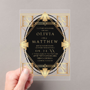 Invitations En Acrylique Mariage géométrique noir et or Art Déco
