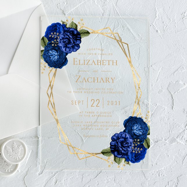 Invitations En Acrylique Mariage géométrique Royal Blue Floral Gold (Créateur téléchargé)