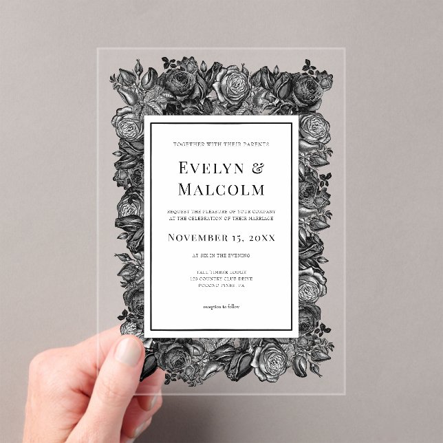 Invitations En Acrylique Mariage gothique aux roses noires et blanches (In situ (ordinateur de poche))