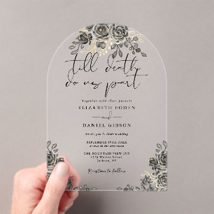 Invitations En Acrylique Mariage gothique floral aux roses noires et dorées