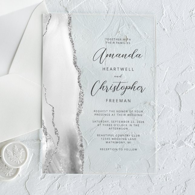 Invitations En Acrylique Mariage gris argent Agate Script (Créateur téléchargé)