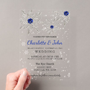 Invitations En Acrylique Mariage hivernal de flocons de neige bleu Royal ar