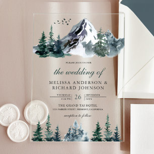 Invitations En Acrylique Mariage hivernal en aquarelle rustique en forêt de