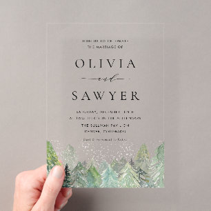 Invitations En Acrylique Mariage hivernal en forêt de conifères enneigés à