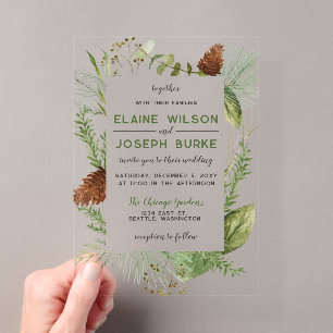 Invitations En Acrylique Mariage hivernal rustique aux cônes de pin