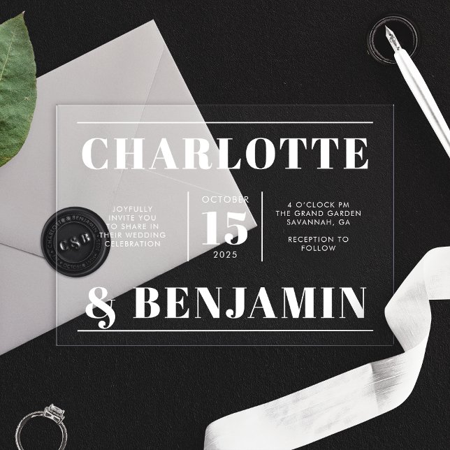 Invitations En Acrylique Mariage Horizontal Moderne Gras Blanc (Créateur téléchargé)