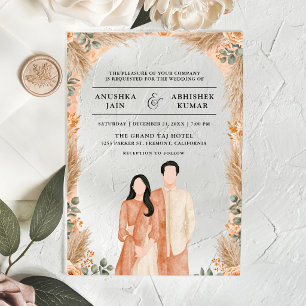 Invitations En Acrylique Mariage Indien Couple Floral Boho Pêche