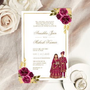 Invitations En Acrylique Mariage Indien Couple Floral Or Rose Magenta