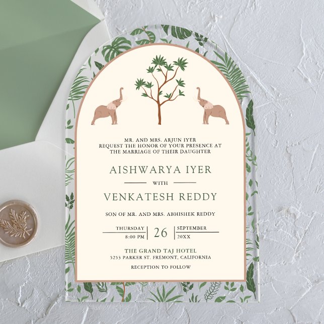 Invitations En Acrylique Mariage indien de l'arc des éléphants de la forêt  (Créateur téléchargé)