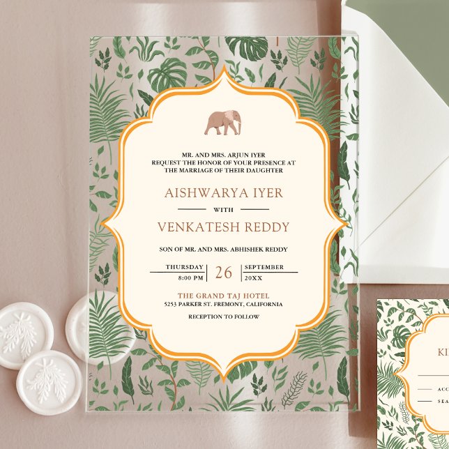 Invitations En Acrylique Mariage indien des éléphants de forêt tropicale (Créateur téléchargé)