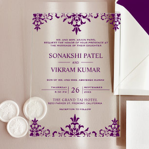 Invitations En Acrylique Mariage Indien Ethnique Pourpre Damassé