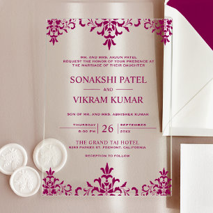Invitations En Acrylique Mariage Indien Ethnique Rose Damassé