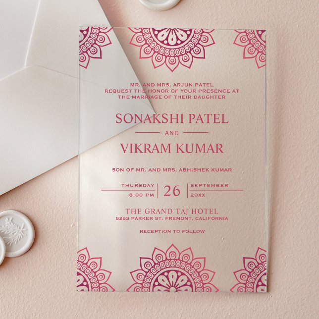 Invitations En Acrylique Mariage indien Mandala rose (Créateur téléchargé)