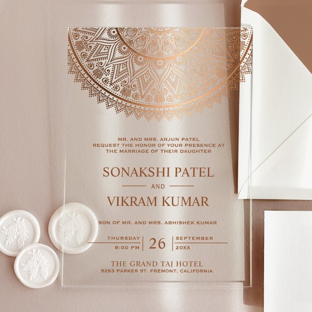 Invitations En Acrylique Mariage indien traditionnel Mandala Bronze (Créateur téléchargé)