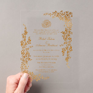 Invitations En Acrylique Mariage Islamique à la Feuille d'Or Élégant