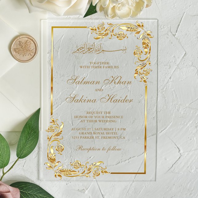 Invitations En Acrylique Mariage Islamique Bordure Florale Dorée (Créateur téléchargé)