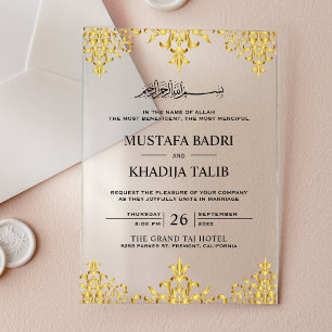 Invitations En Acrylique Mariage islamique élégant avec damas doré