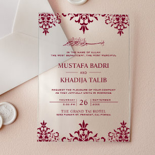 Invitations En Acrylique Mariage islamique élégant en damas burgundy