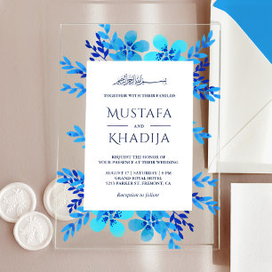 Invitations En Acrylique Mariage islamique floral aquarelle bleu clair